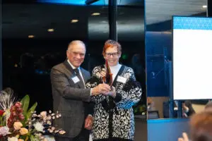Greg Goodwin, Chair of the Kuni Foundation Board of Directors with Dr. Nora Disis, director of the Cancer Vaccine Institute at UW Medicine and inaugural recipient of the Wayne Kuni Award for Innovation in Cancer Research.