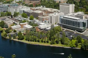 A view of UW Medical Center-Montlake and the Montlake Cut