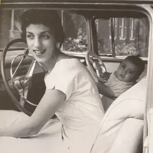 Vintage b&w image of Melody Newman as a baby with her mom.