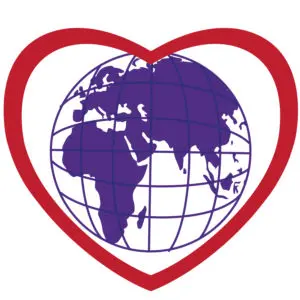 Illustrated icon of a red heart circling the globe.