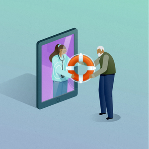 An illustration of a doctor holding out a life preserver to a patient through a tablet screen