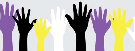 An illustration of raised hands in the colors of the non-binary flag