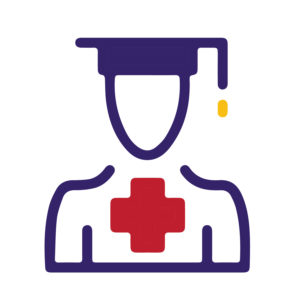 Illustrated icon of a person in a graduation cap with a red cross on their chest.
