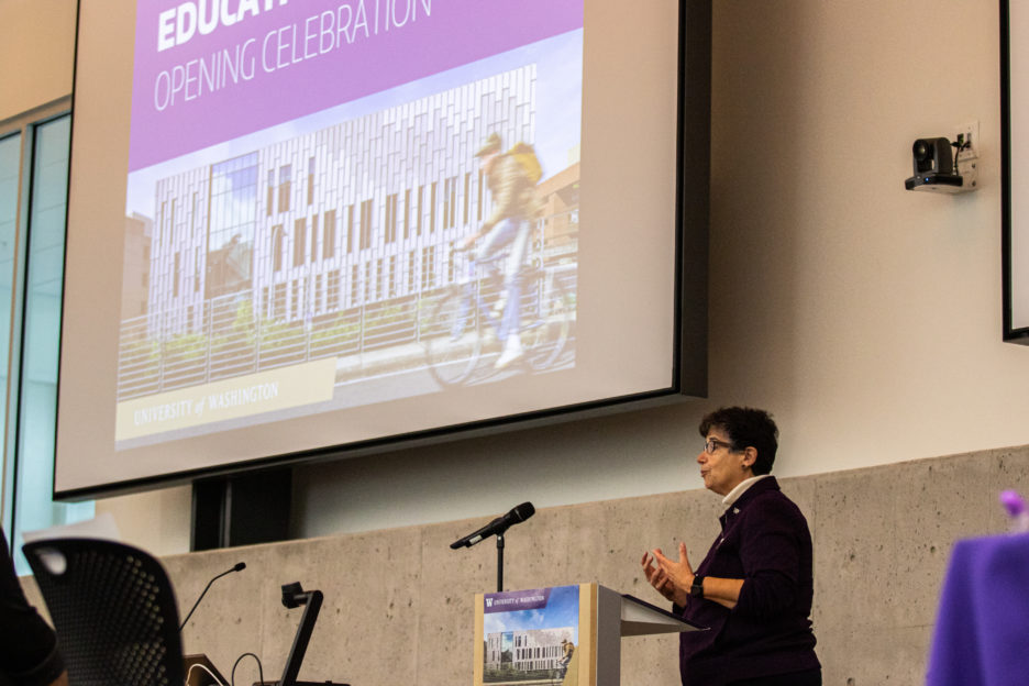 Ana Mari Cauce, president of the University of Washington, speaking at the grand opening of the new Health Sciences Education Building.