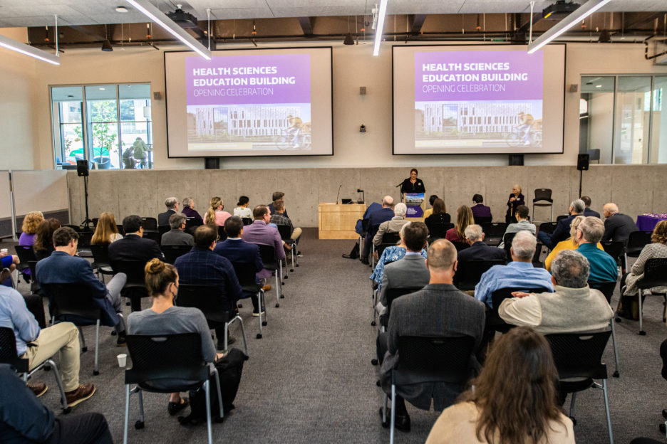 State legislators, community leaders, donors, faculty and students celebrate the grand opening of the new Health Sciences Education Building, which was made possible by visionary investments from the Washington State Legislature and generous donors.