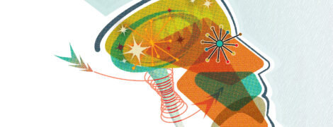 Colorful illustration of the inside of a person's mind in side profile
