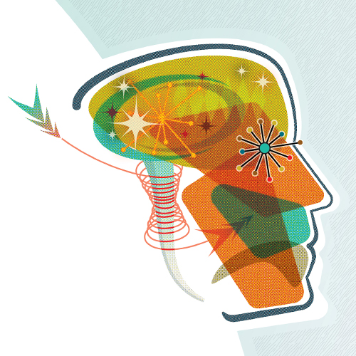 Colorful illustration of the inside of a person's mind in side profile.