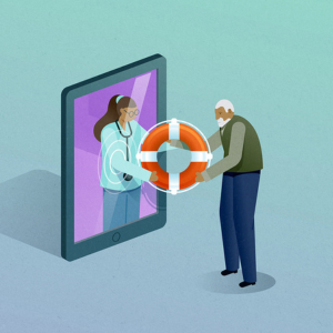 An illustration of a doctor holding out a life preserver to a patient through a tablet screen