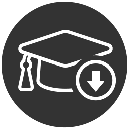 Education icon, featuring a graduation cap and a down arrow.