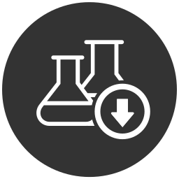 Research icon, featuring beakers and a down arrow.