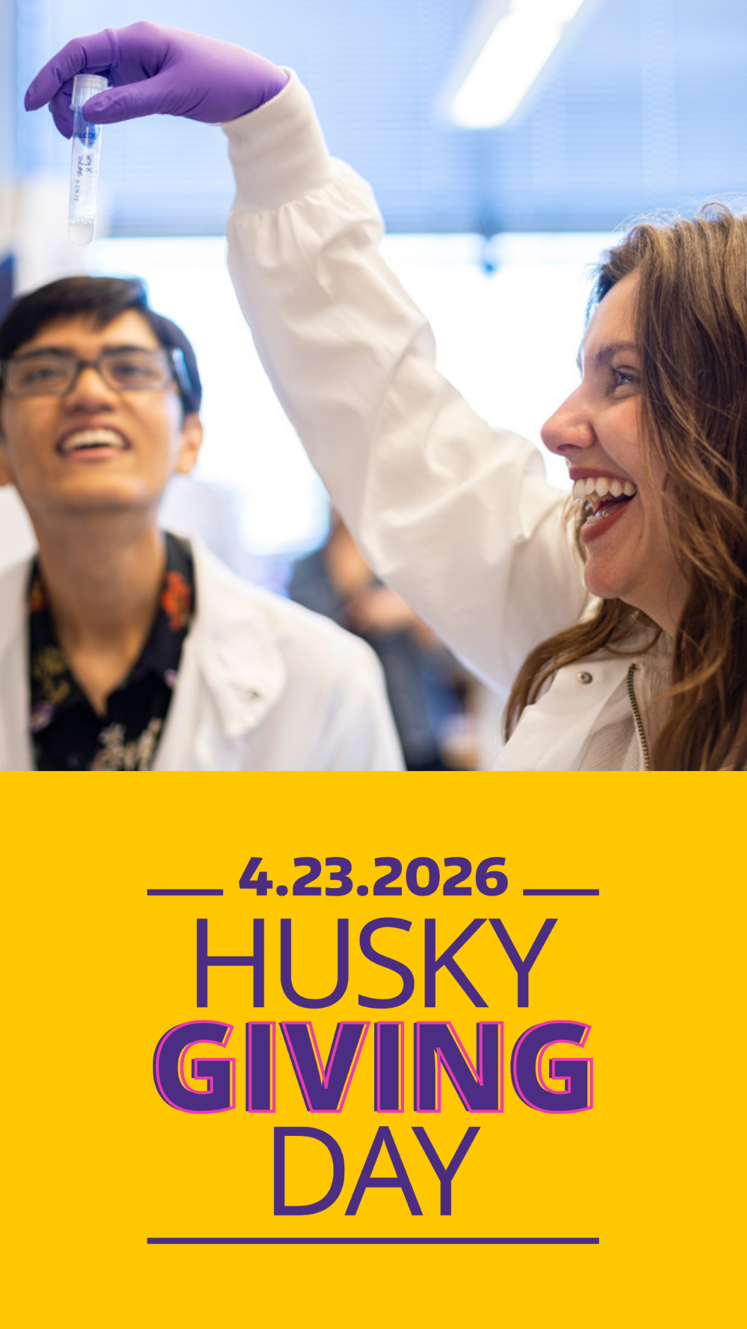 Two researchers in the Baker Lab at the Institute for Protein Design. Image features the 2026 Husky Giving Day logo lockup.